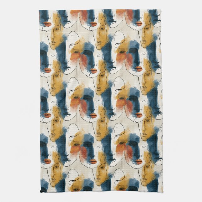 Abstract Continuous Line Art Women's Faces Pattern Kitchen Towel (Vertical)