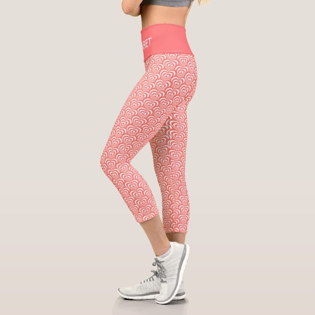 Abstract Coral Pink & White Concentric Hearts Capri Leggings (Left)