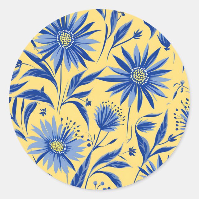 Abstract Cornflower Blue Botanical Classic Round Sticker (Front)
