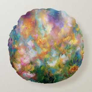 Abstract cosmic floral explosion in pastel colours round pillow