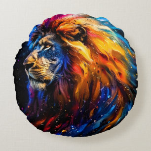 Abstract Cosmic Wildlife Lion Portrait Round Pillow
