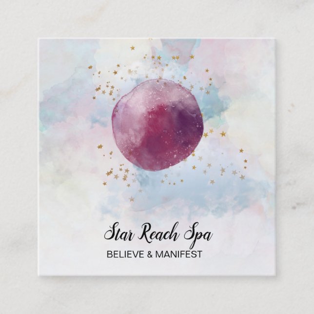 *~* Abstract Cosmo Stars Watercolor Sky Universe Square Business Card (Front)