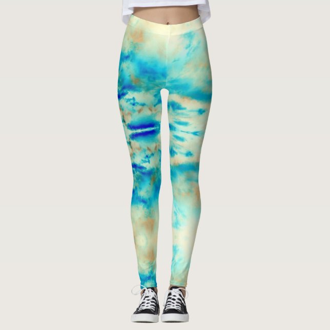 Abstract cream blue turquoise clouds leggings (Front)