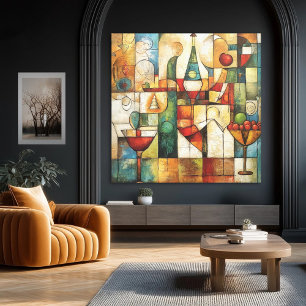Abstract Cubist Modern Wine & Fruit Still Life Canvas Print