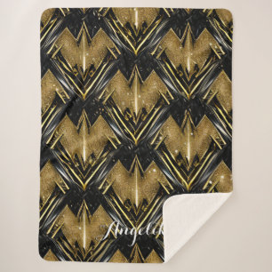 Abstract Custom Chevron Name Gold and Black Sherpa Blanket