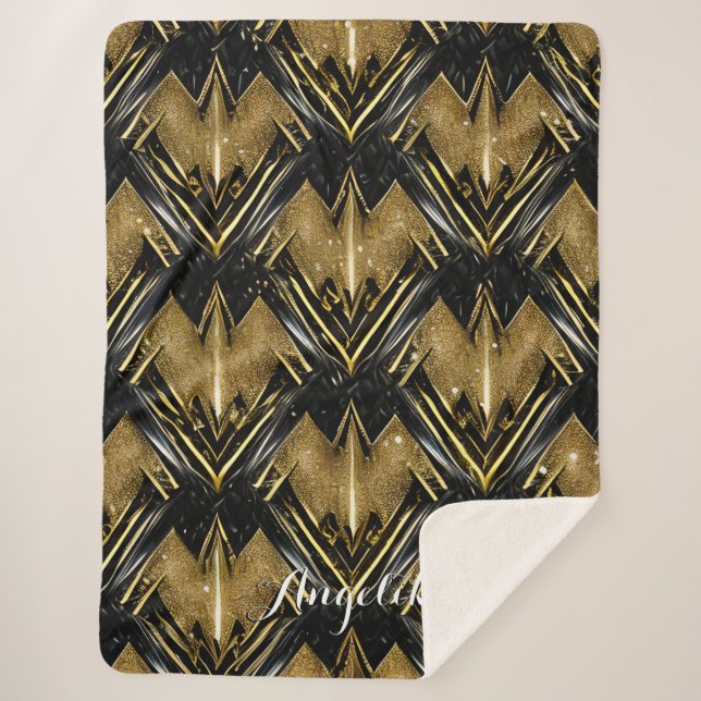 Abstract Custom Chevron Name Gold and Black Sherpa Blanket (Front)