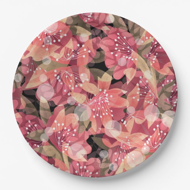 Abstract cute beautiful pink flowers floral design paper plate (Front)