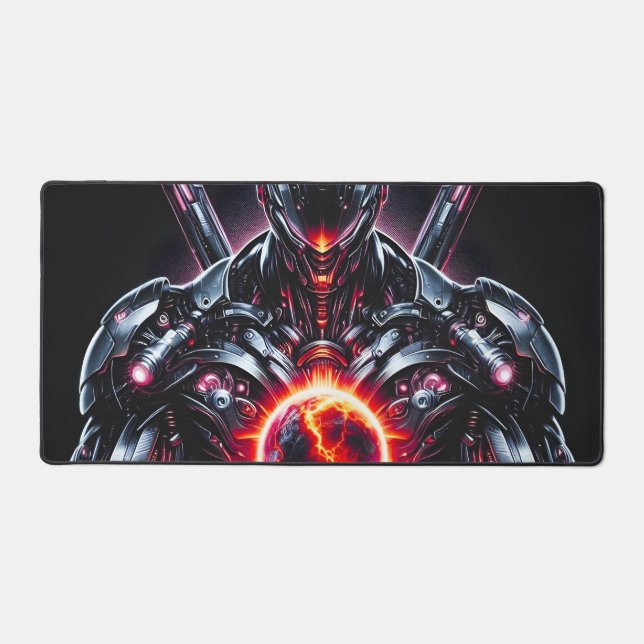 Abstract Cyber Cosmic Guardian Futuristic Robot Desk Mat (Front)