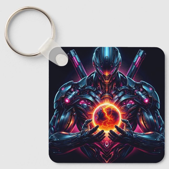 Abstract Cyber Cosmic Guardian Futuristic Robot Keychain (Front)