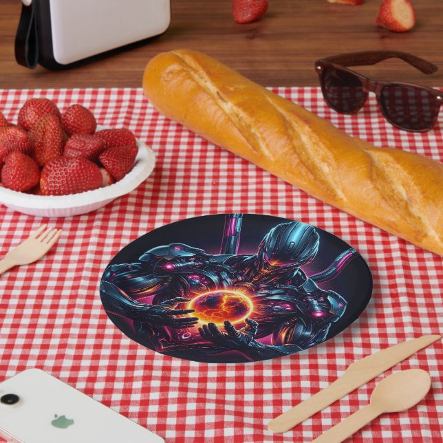 Abstract Cyber Cosmic Guardian Futuristic Robot Paper Plate (Picnic)