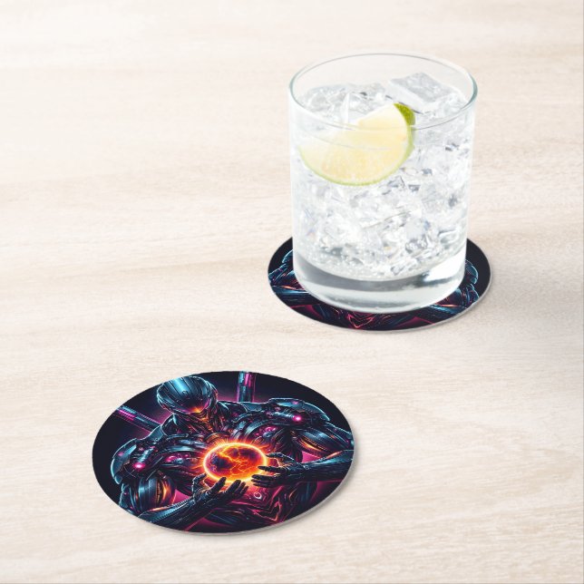 Abstract Cyber Cosmic Guardian Futuristic Robot Round Paper Coaster (Insitu)
