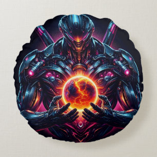 Abstract Cyber Cosmic Guardian Futuristic Robot Round Pillow