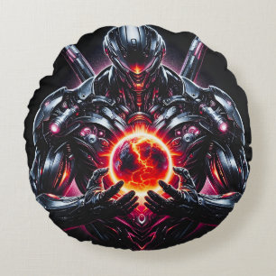 Abstract Cyber Cosmic Guardian Futuristic Robot Round Pillow
