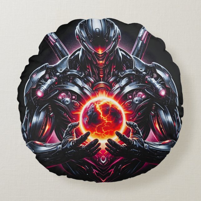 Abstract Cyber Cosmic Guardian Futuristic Robot Round Pillow (Front)