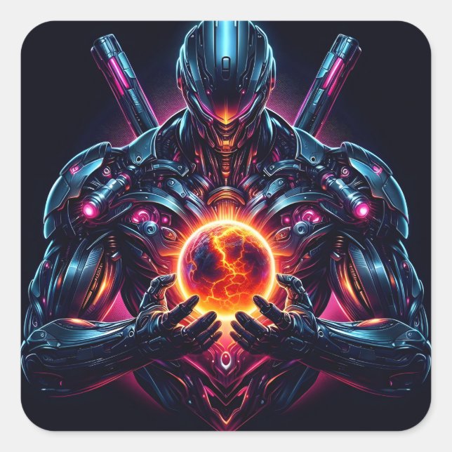 Abstract Cyber Cosmic Guardian Futuristic Robot Square Sticker (Front)