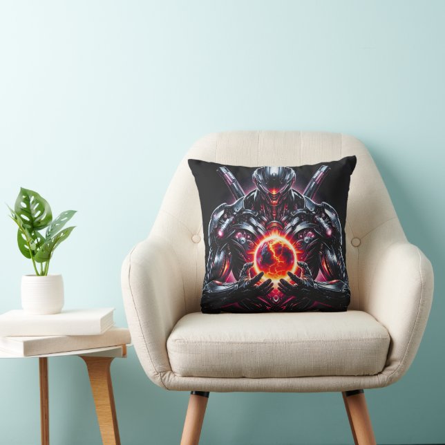 Abstract Cyber Cosmic Guardian Futuristic Robot Throw Pillow (Chair)