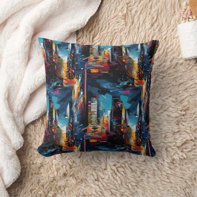 Abstract Cyberpunk Cityscape Skyline (3) Throw Pillow (Blanket)