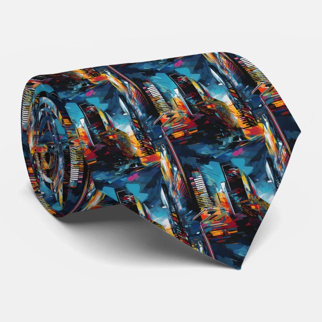 Abstract Cyberpunk Cityscape Skyline (3) Tie (Rolled)