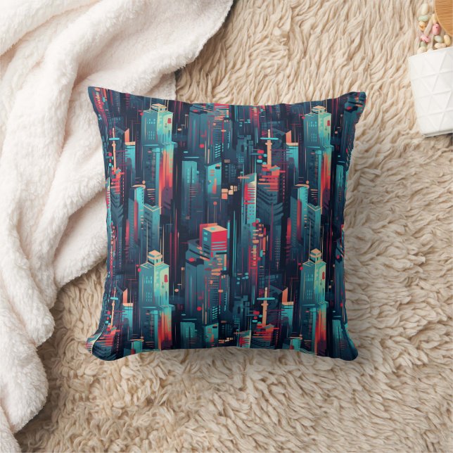 Abstract Cyberpunk Cityscape Skyline (5) Throw Pillow (Blanket)