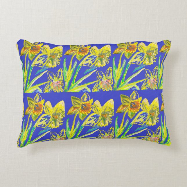 Abstract Daffodil Yellow Blue Flowers Floral Art   Accent Pillow (Front)