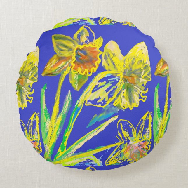 Abstract Daffodil Yellow Blue Flowers Floral Art  Round Pillow (Front)