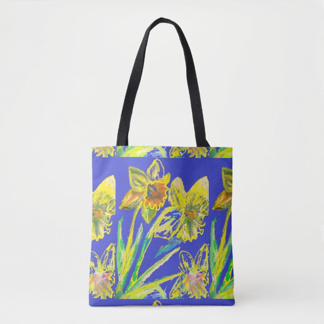 Abstract Daffodil Yellow Blue Flowers Floral Art Tote Bag (Front)