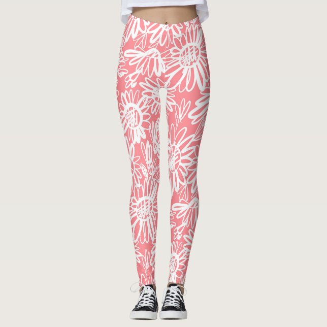 Abstract daisy sketch, monochrome pattern leggings (Front)