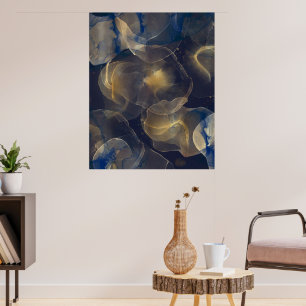 Abstract Dark Blue Gold Fluid Art Painting Poster