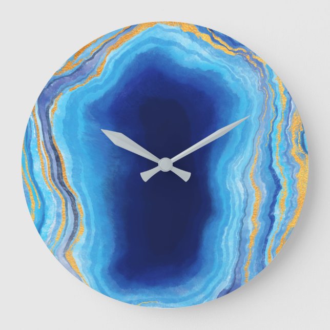 Abstract deep blue and gold marbleized geode large clock (Front)