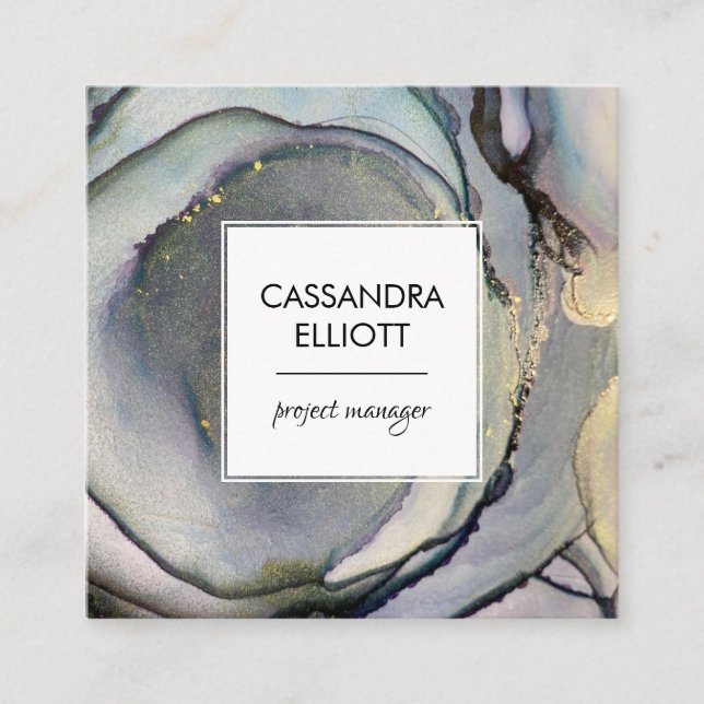 Abstract Denim Blue & Gold Alcohol Ink Liquid Art Square Business Card (Front)