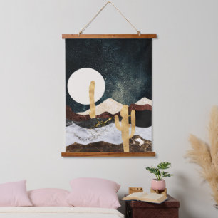 Abstract Desert Night Sky with Golden Cactus Hanging Tapestry