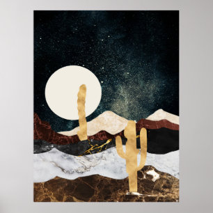 Abstract Desert Night Sky with Golden Cactus Poster