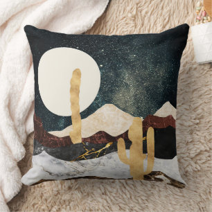 Abstract Desert Night Sky with Golden Cactus Throw Pillow