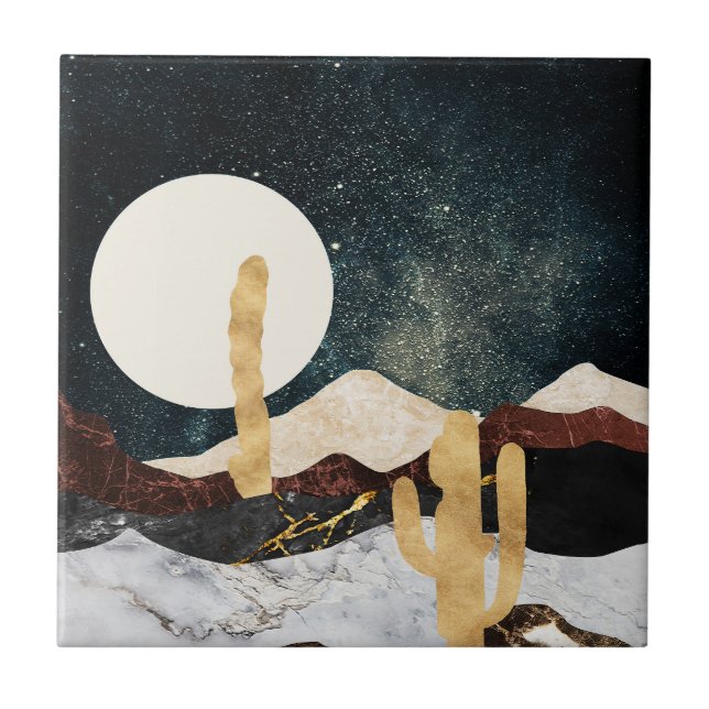 Abstract Desert Night Sky with Golden Cactus Tile (Front)