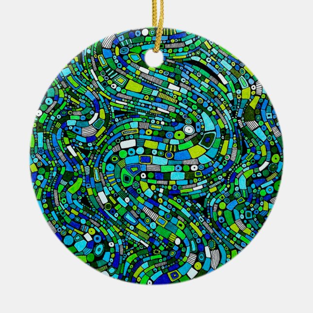 Abstract Design Blue Green Waves Shapes Ceramic Ornament (Front)