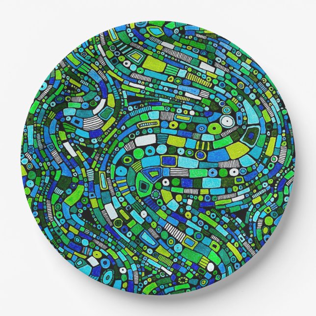 Abstract Design Blue Green Waves Shapes Paper Plate (Front)