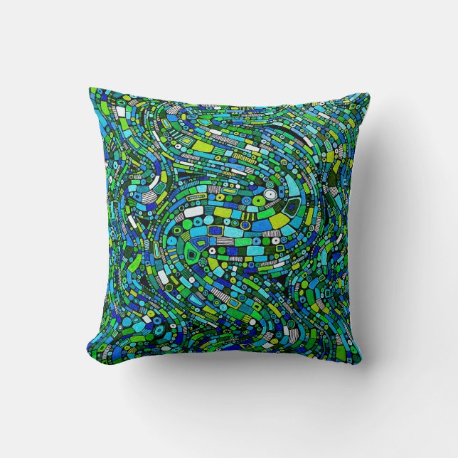 Abstract Design Blue Green Waves Shapes Throw Pillow (Front)