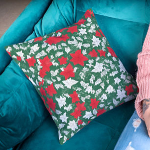 Abstract design of poinsettia and Christmas roses Throw Pillow