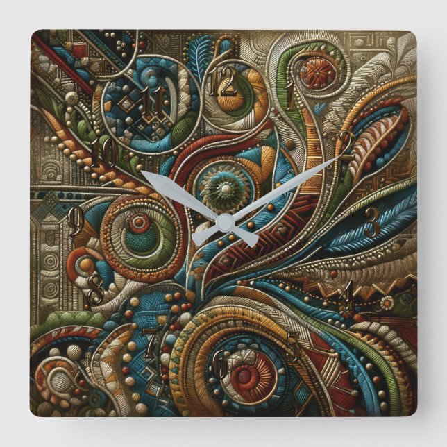 Abstract Design Red Blue Gold Green Square Wall Clock (Front)
