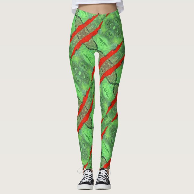 Abstract design, tiled green with red spirals leggings (Front)