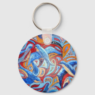 Abstract design with blue swallows with red accent keychain