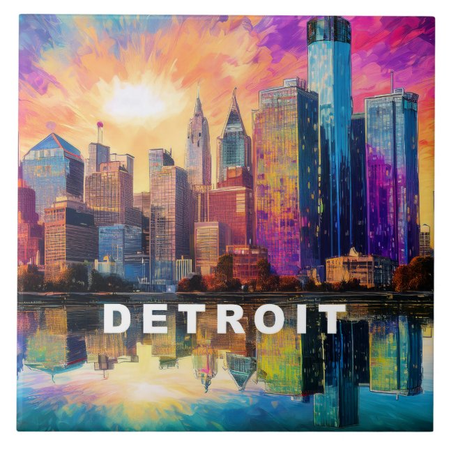 Abstract Detroit Skyline Art Modern Cityscape  Tile (Front)