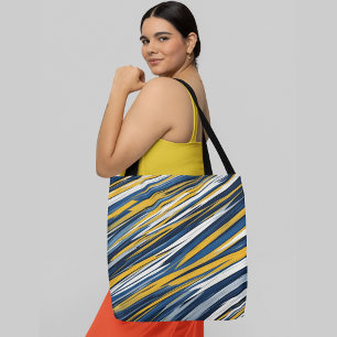Abstract diagonal stripes in shades of blue, white tote bag