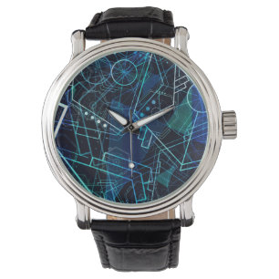 Abstract Digital Geometric Data Blue Art Watch