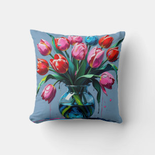Abstract Digital Painting – Colorful Tulip Bouquet Throw Pillow