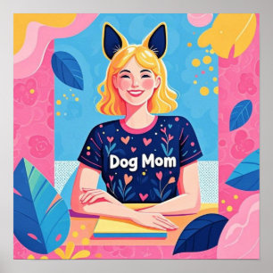 Abstract dog mom in pink blue  poster