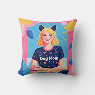 Abstract dog mom in pink blue  throw pillow