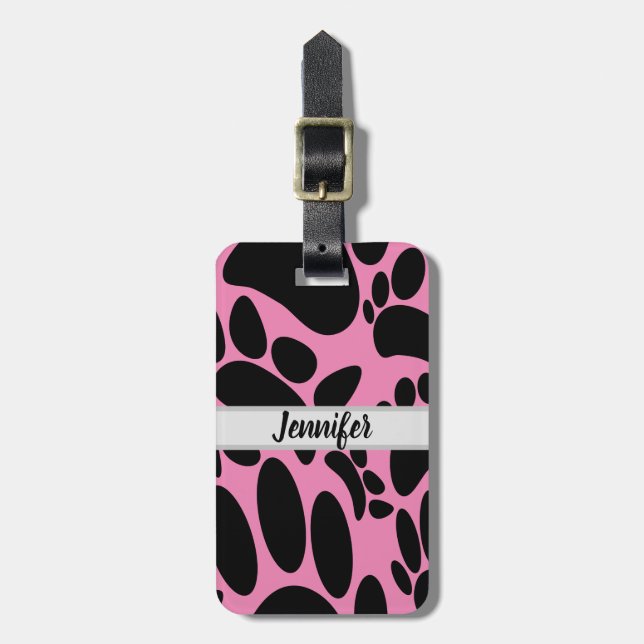 Abstract Dog Pawprint Pink Custom Name Luggage Tag (Front Vertical)