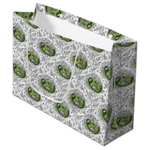 Abstract Doodle Art Style Flowers Shades of Green Large Gift Bag