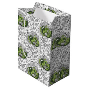 Abstract Doodle Art Style Flowers Shades of Green Medium Gift Bag